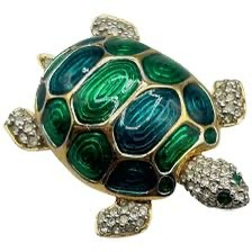 NEW Piper K Glass Stones Turtle Pin/Brooch Goldtone Green Blue